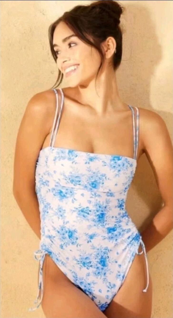 Wild Fable One Piece Swimsuit Blue Floral Ruched Cheeky XXS NWT Women's